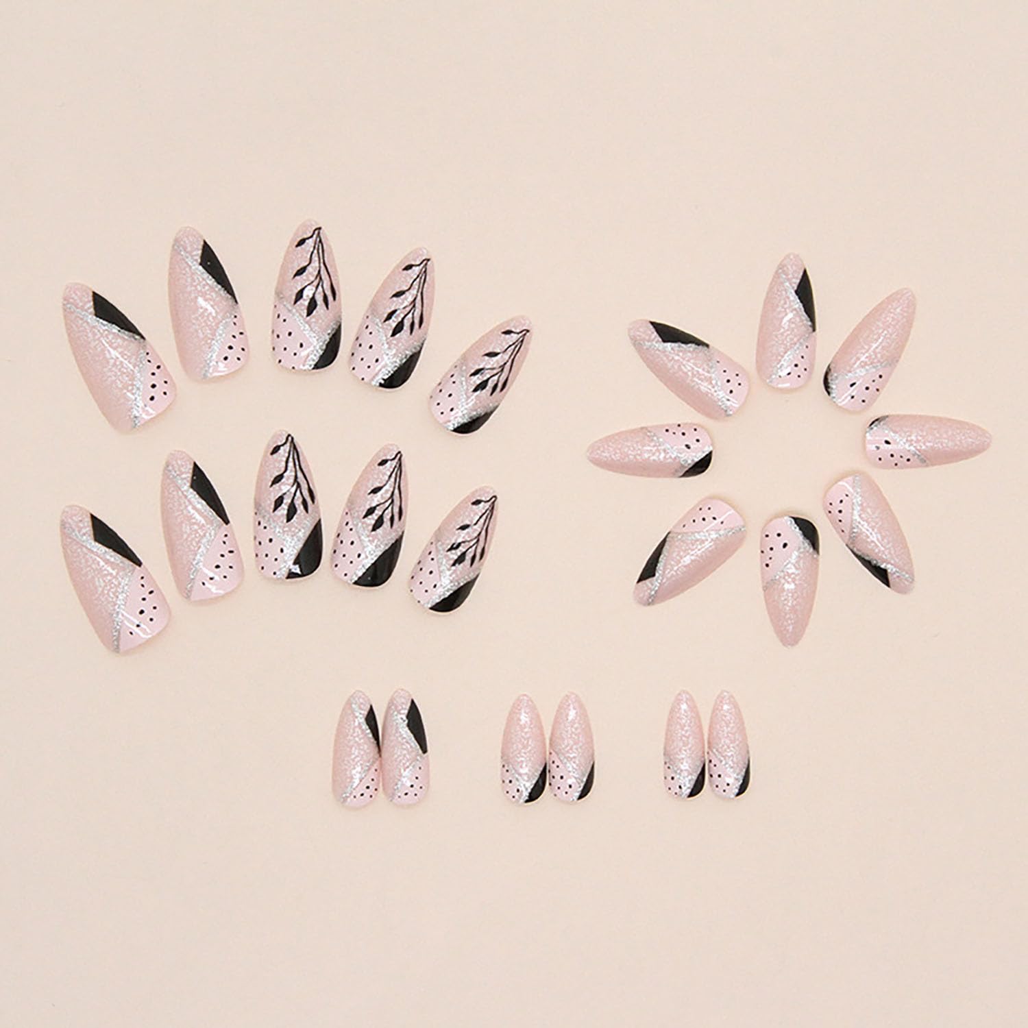 Uñas postizas a presión medianas de almendra, uñas postizas SWEKKE de cobertura completa de mármol rosa con purpurina con diseños de hojas, uñas