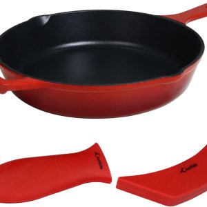 Sartén de hierro fundido esmaltado de 10.25 pulgadas, 1 soporte de silicona para mango caliente y 1 agarradera de silicona para el mango de Sartén de hierro fundido esmaltado de 10.25 pulgadas, 1 soporte de silicona para mango caliente y 1 agarradera de silicona para el mango de
