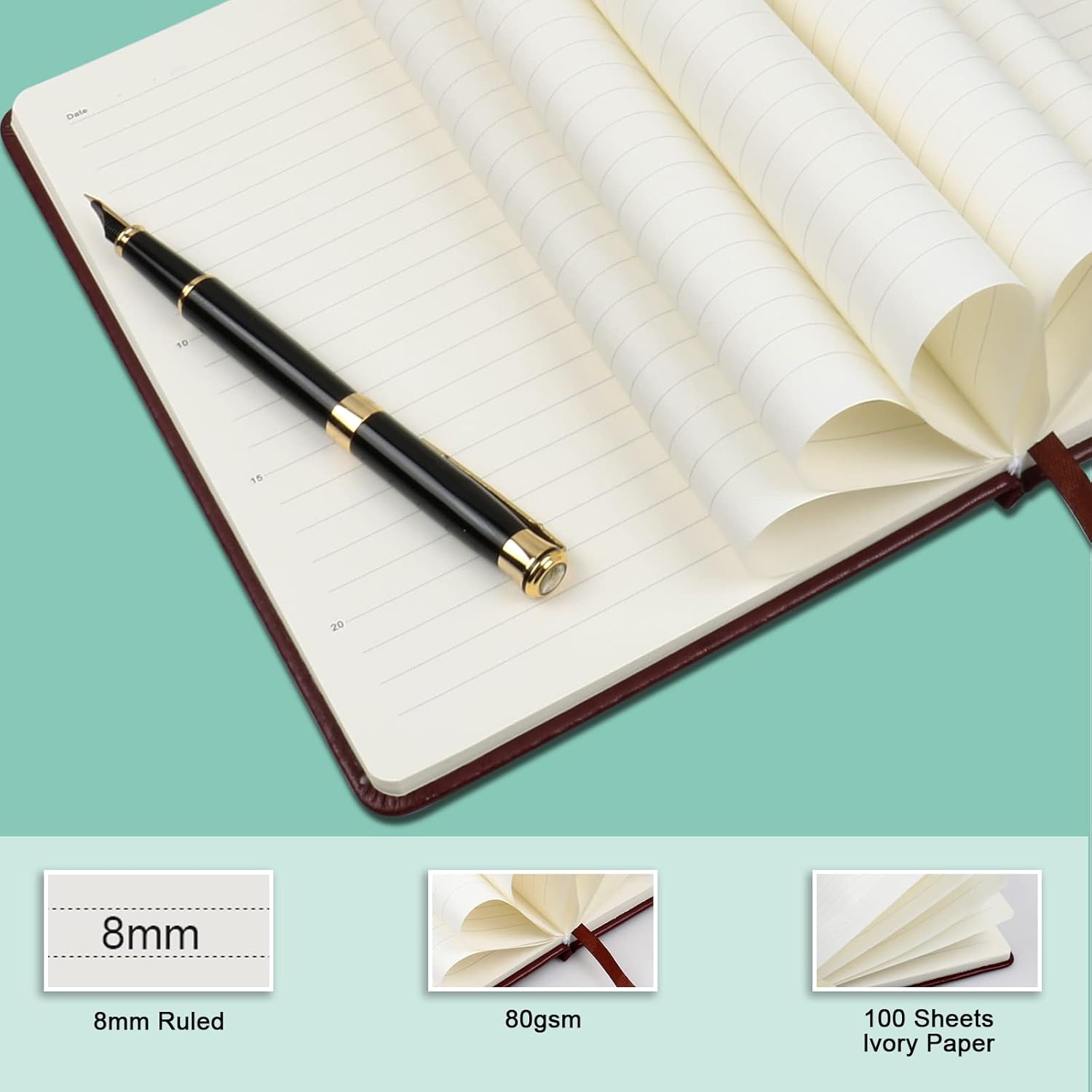 Cuaderno de diario (A5, color marrón), 192 páginas, tamaño mediano de 5.7 x 8.3 pulgadas, papel grueso de 2.82 ozm, tapa dura