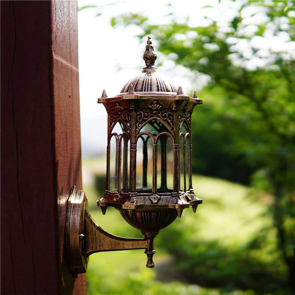 FIKNEE – Lámpara de pared retro vintage E27, lámpara de pared exterior, lámpara de latón antiguo, aplique de vidrio para interiores y exteriores,