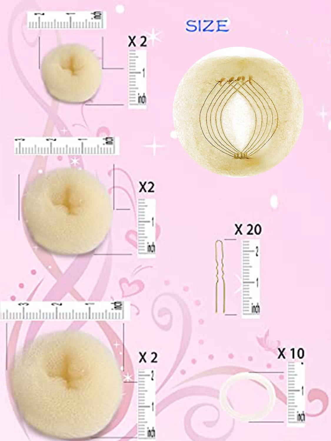 Moldeador de donas de pelo (2 pequeñas, 2 medianas, 2 grandes) para donas de pelo para niña (dorado)