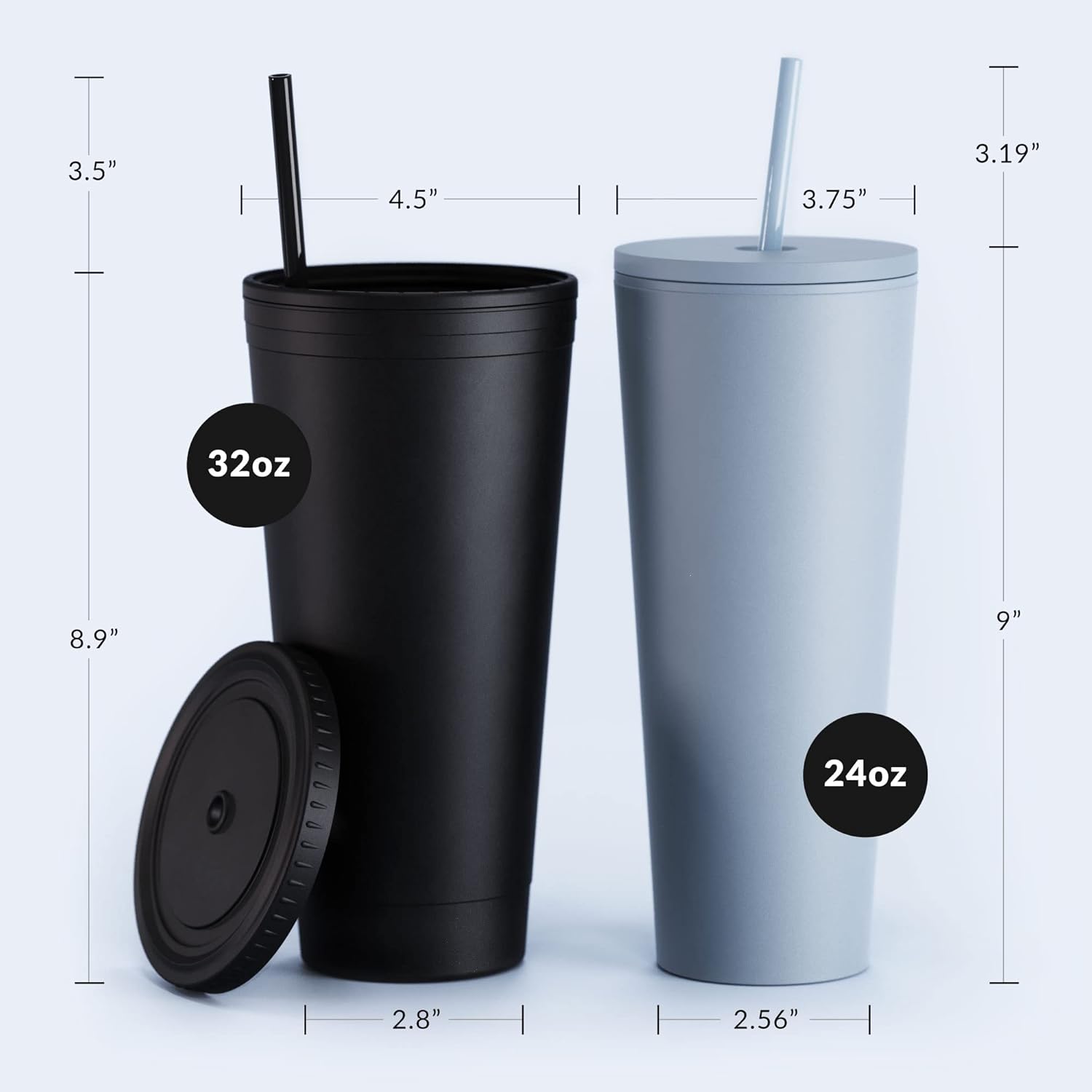 Maars – Vaso térmico clásico de acrílico con tapa y pajilla, reutilizable, de plástico, doble pared y alta calidad de 24 onzas, negro mate, paquete