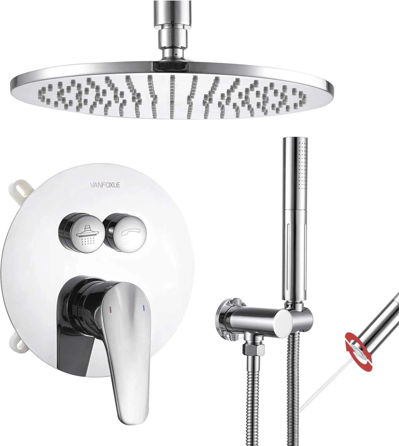 VANFOXLE Juego completo de grifos de ducha, sistema completo de ducha cromado, desviador de botón pulsador para grifo de ducha con 2 en 1 de mano,