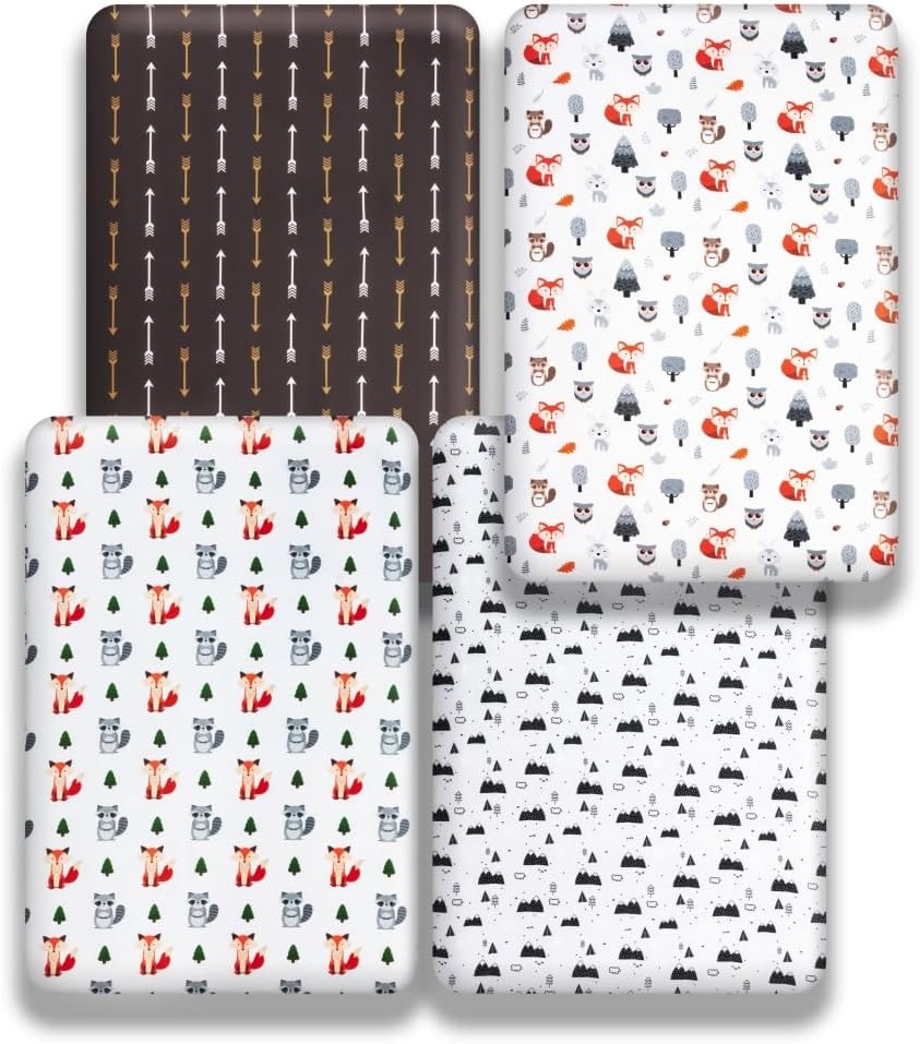 Juego de 4 sábanas ajustables unisex para cuna de bebé, diseño de animales del bosque del bosque, de madera, neutro, para bebés, niños o niñas, zorro