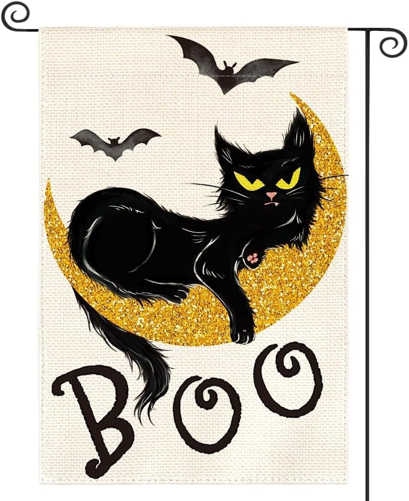 Bandera de jardín de calabaza fantasma de bienvenida de Halloween, 12 x 18 pulgadas, diseño de gato negro, luna, murciélago, hogar, exterior, patio,
