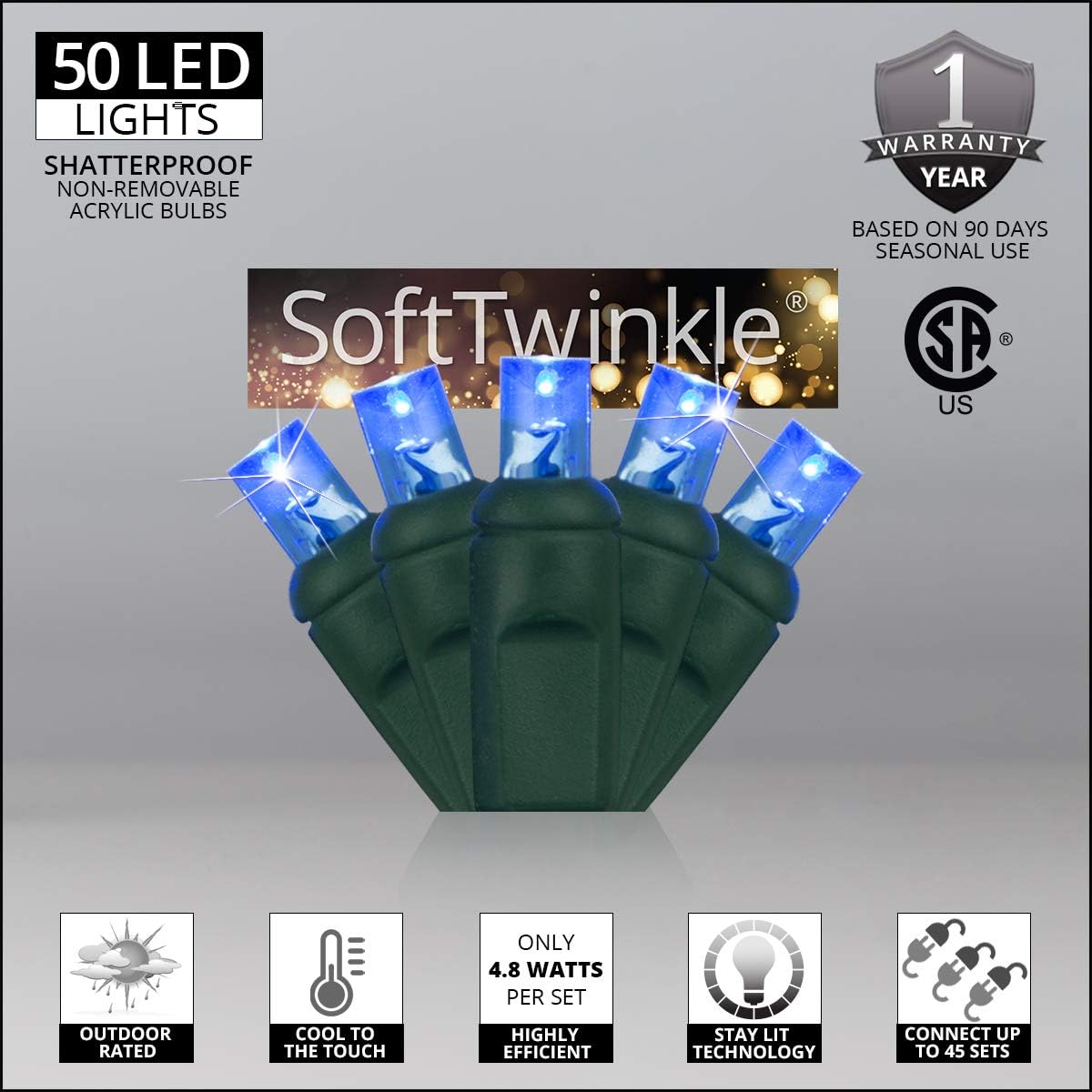 SoftTwinkle – Luces de Navidad de centelleo lento, tira de luces parpadeantes suaves de Navidad (50 luces, 17 pies, azul)