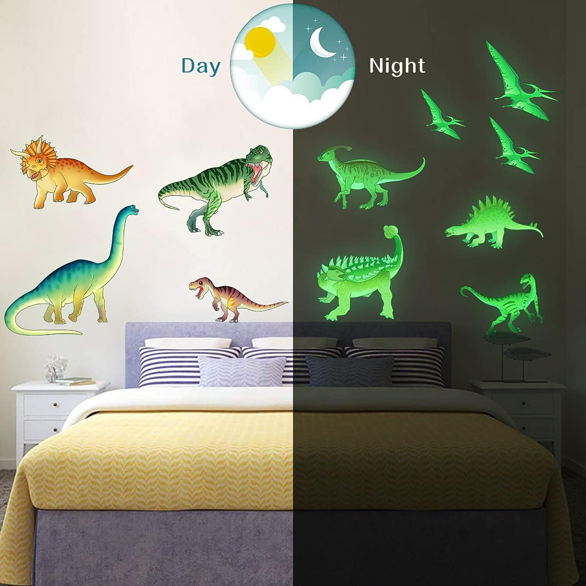 MESU Calcomanías de dinosaurio que brillan en la oscuridad, calcomanías de pared luminosas para decoración de techo para habitación de niños,