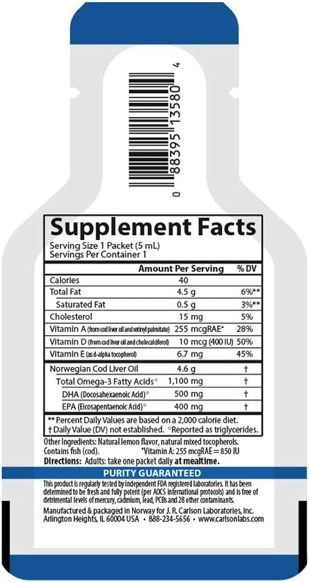 Carlson – Paquetes de aceite de hígado de bacalao Grab + Go, paquetes de viaje, Rip & Sip, de una sola porción, 1100 mg de omega-3, más vitaminas A