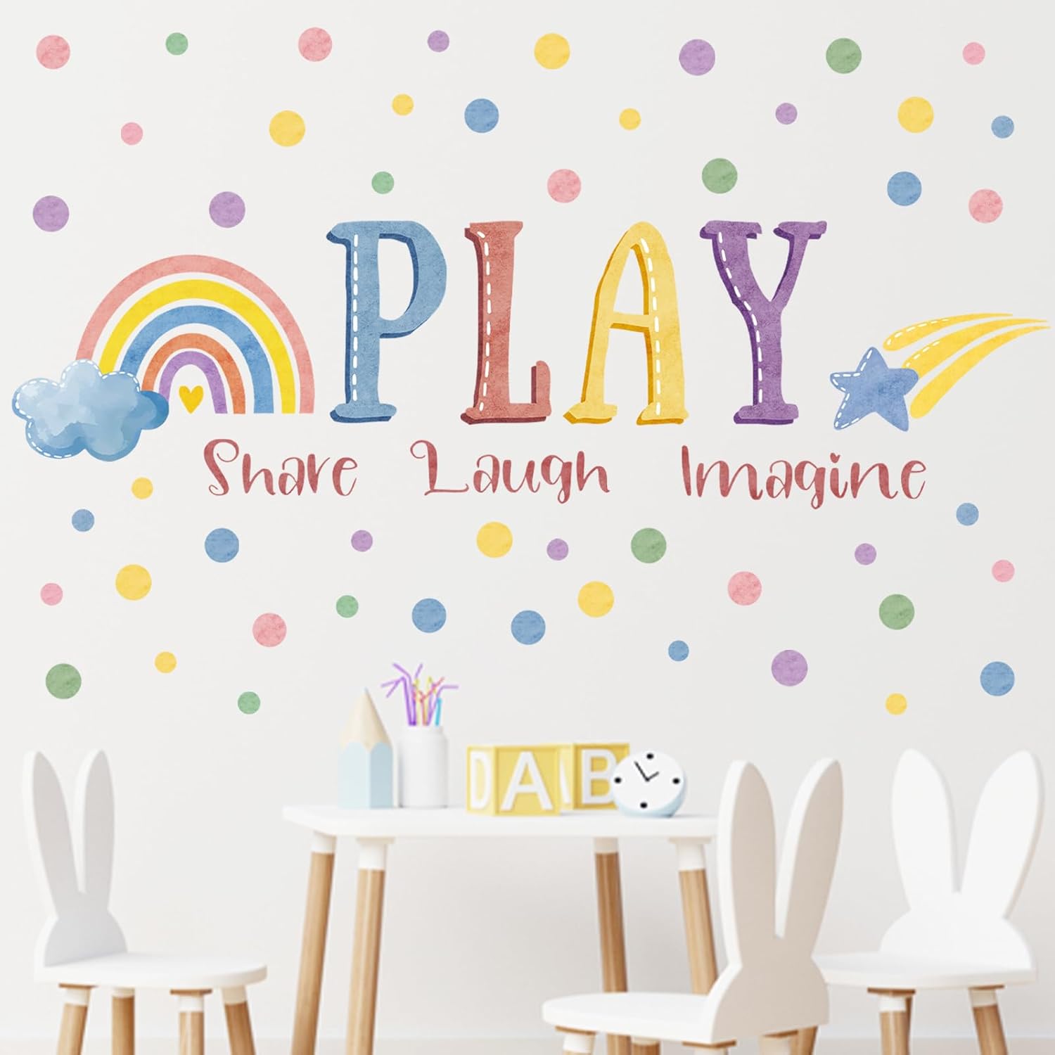 Mfault Calcomanías de pared para sala de juegos, juego inspirador, compartir risa, imagina, citas, decoración de habitación de guardería, arte de