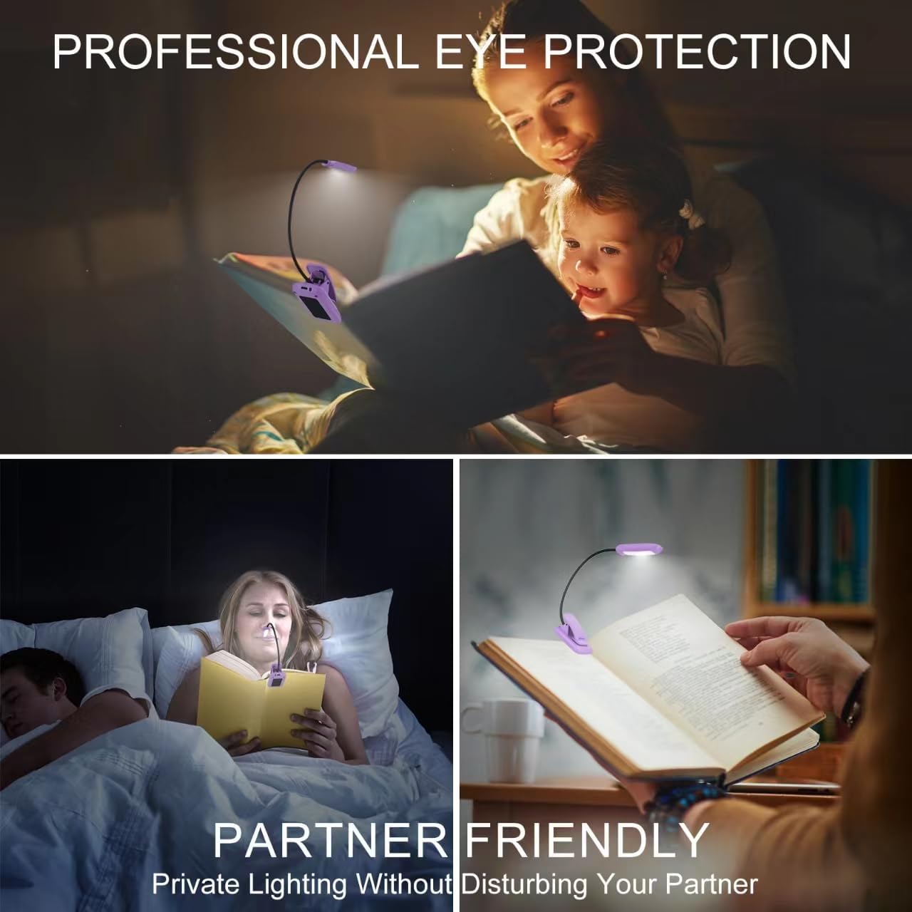 Luz de lectura de libros, lámpara de lectura para el cuidado de los ojos en la cama con brillo ajustable, clip ligero, iluminación nocturna
