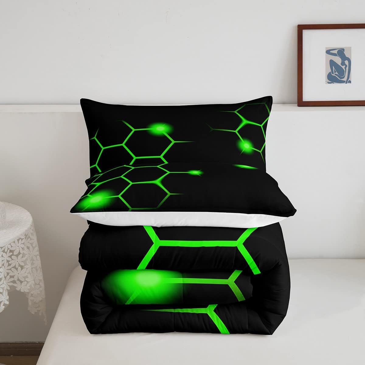Juego de edredón hexagonal geométrico de panal para niños y adultos, color verde neón, negro, juego de edredón moderno hexagonal de colmena ultra
