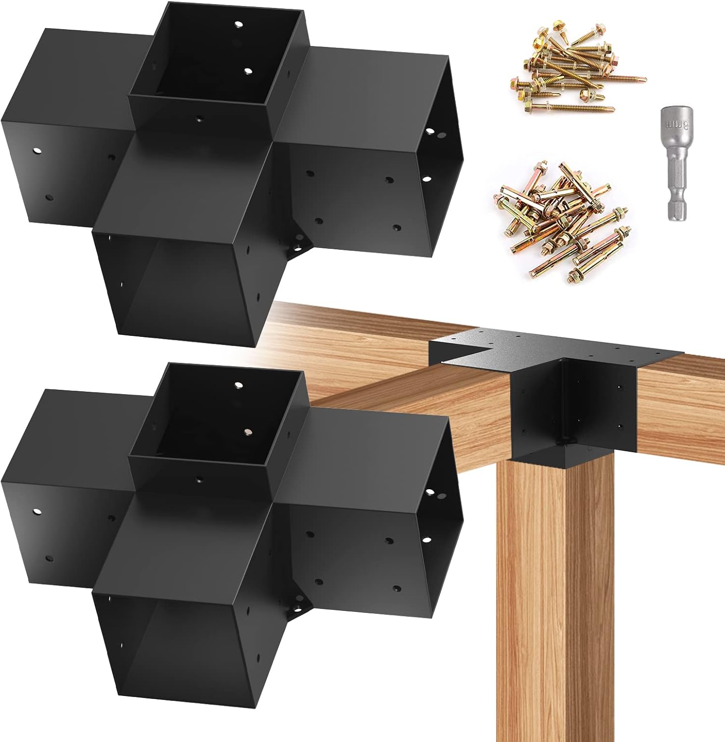Woodworks – Kit de soportes de pérgola de 6 x 6, soportes de extensión de esquina de 4 vías, recubrimiento de polvo negro, soportes de metal de 6 x