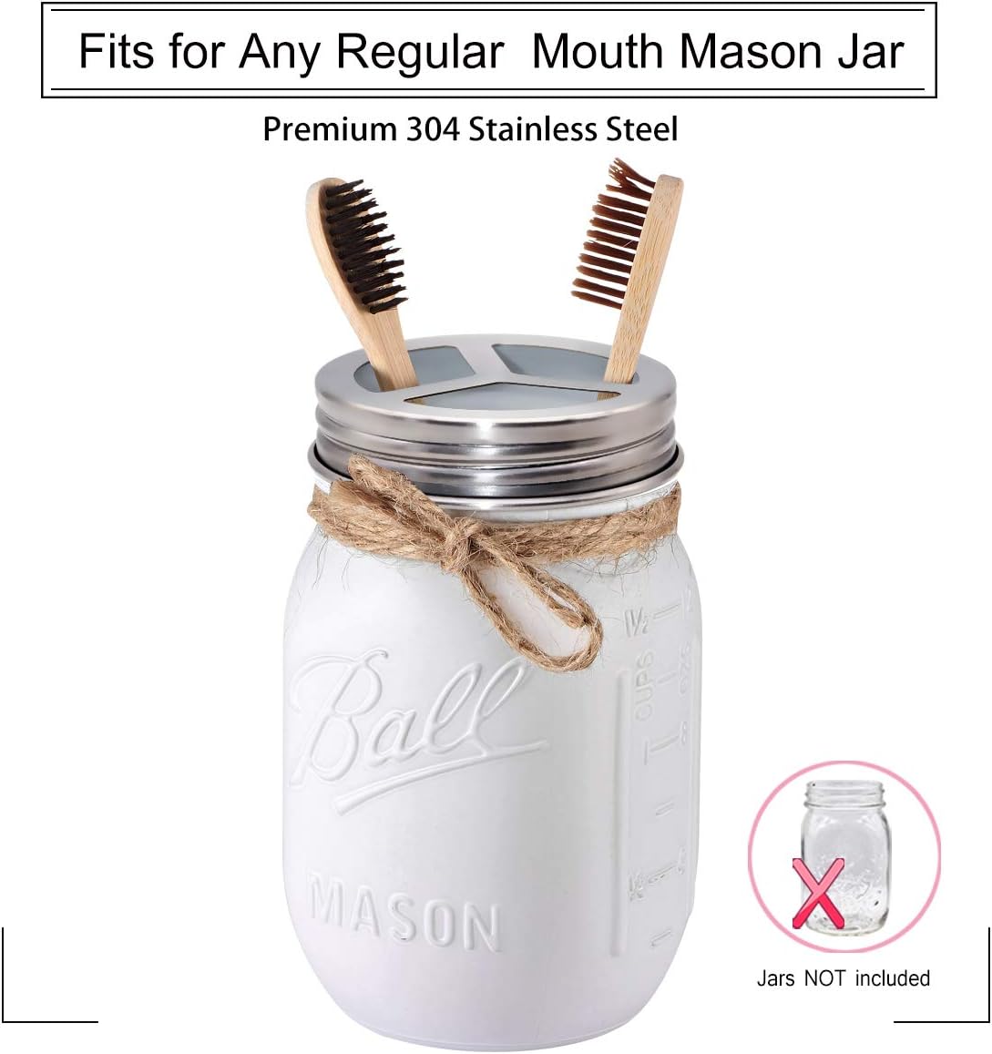 Juego de accesorios de baño Mason Jar (4 piezas)  Tarros no incluidos  Dispensador de jabón espumoso, soporte para cepillos de dientes y tapas de
