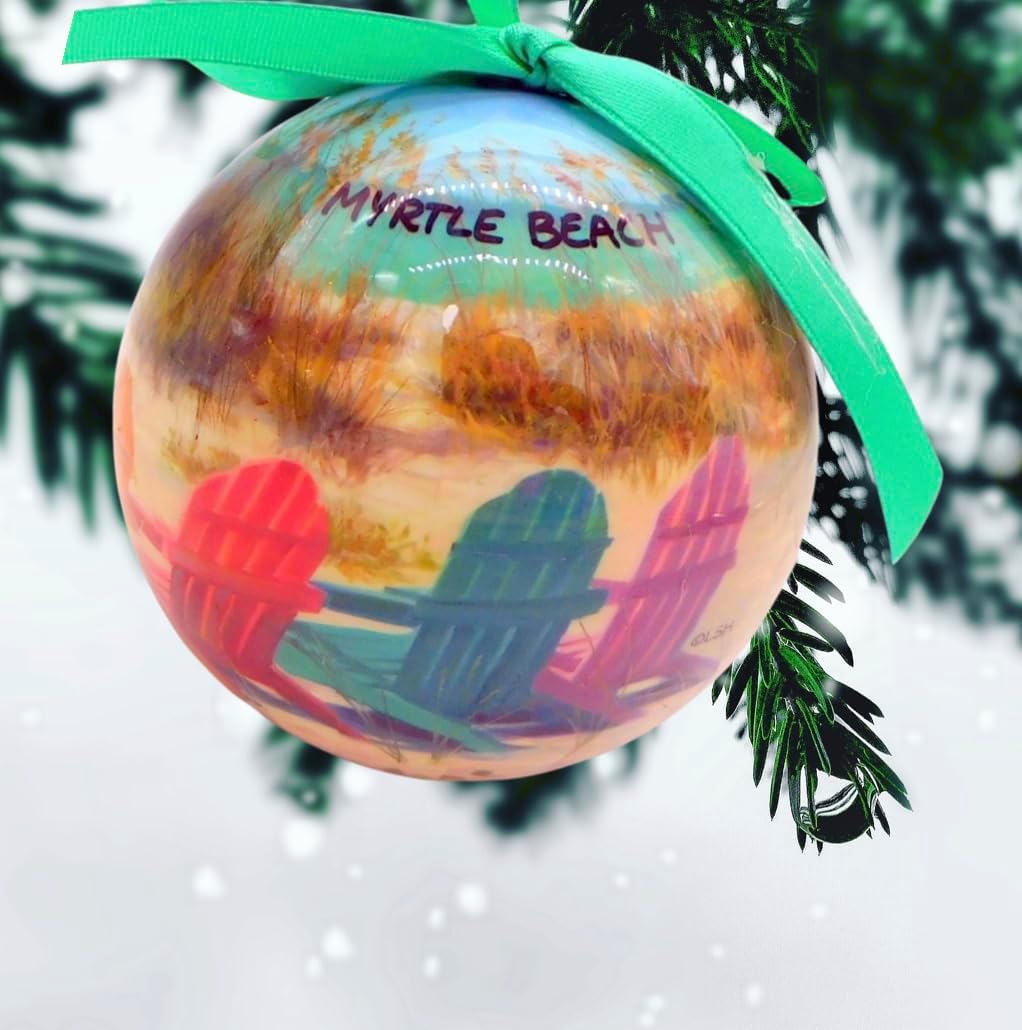 Adorno de Myrtle Beach, bola de árbol de Navidad, decoración con silla de playa, escena del océano, recuerdo de Carolina del Sur, decoración navideña