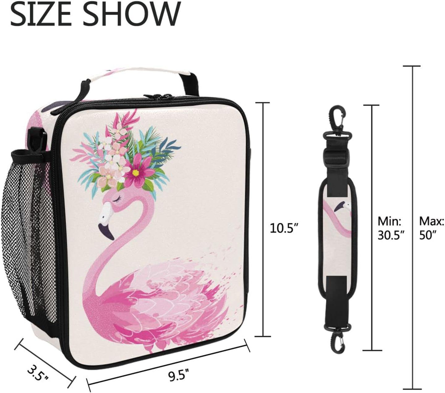 ALAZA Lonchera con diseño de flores de flamenco para niñas y niños, bolsa de almuerzo reutilizable, kit de bolsa de almuerzo congelable, correa para