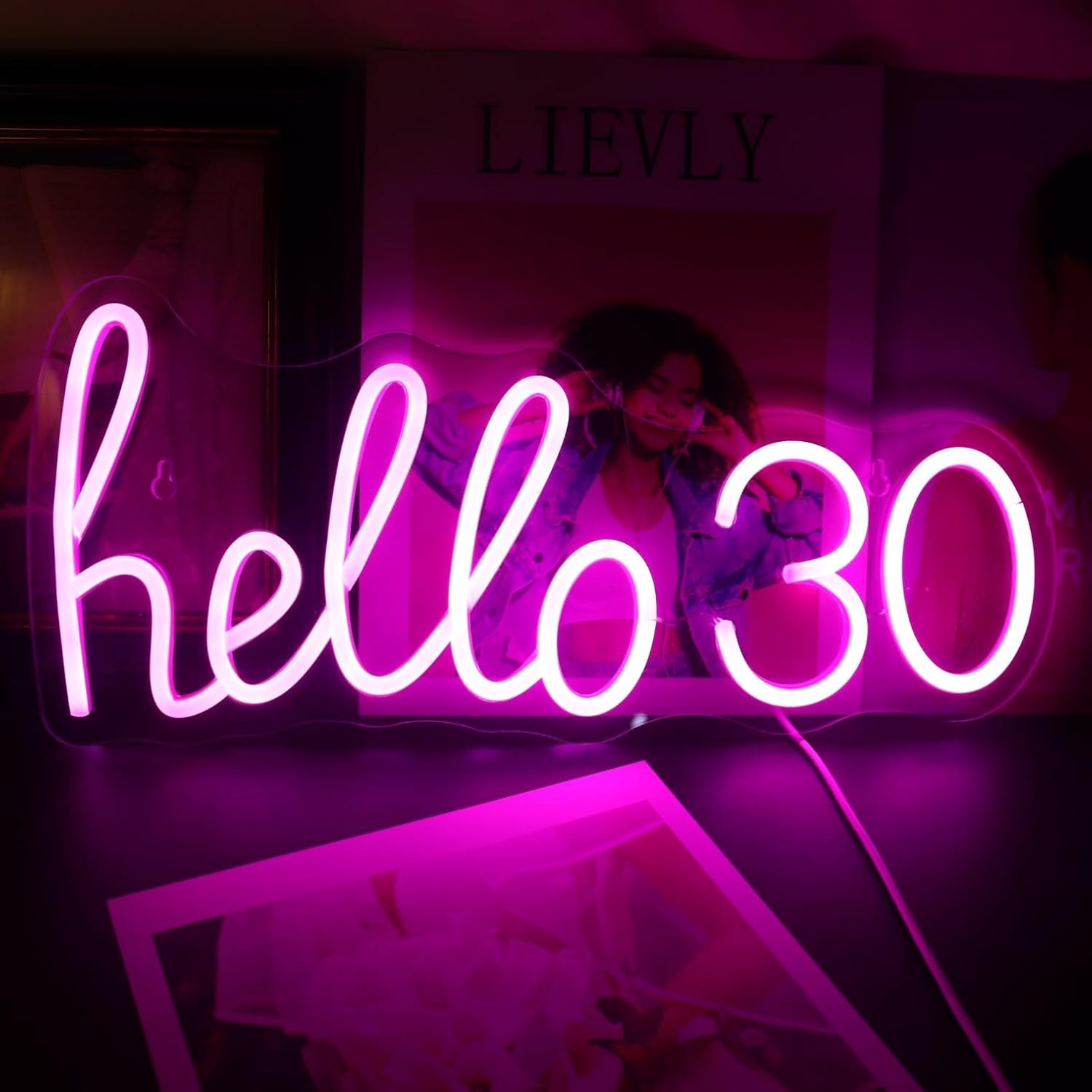 Letrero de luz LED de neón rosa con texto en inglés Hello 30 para niñas, decoración de fiesta de 30 cumpleaños, sala de estar, regalo de cumpleaños