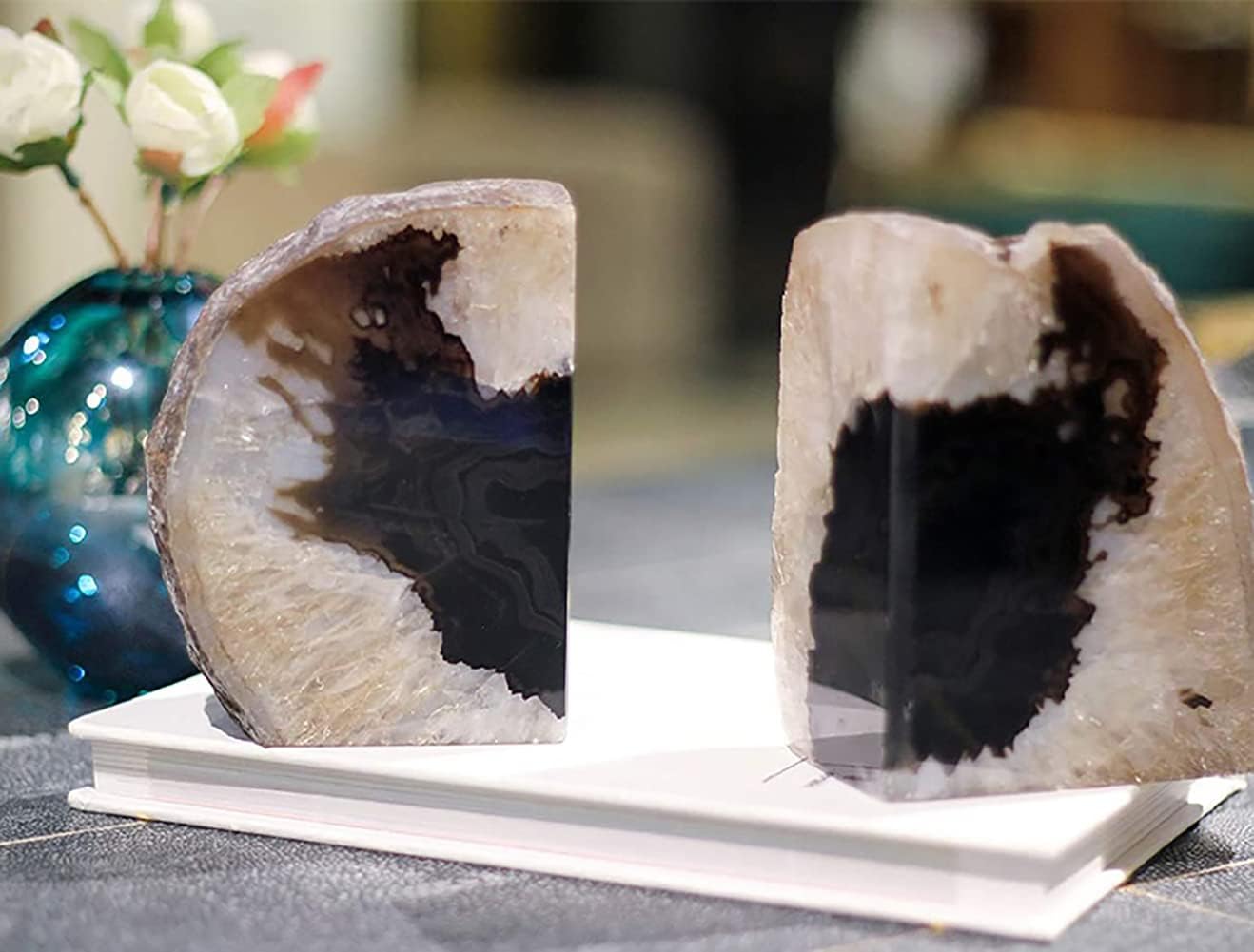 AMOYSTONE Sujetalibros de ágata negra de geoda resistente con topes de goma (1 par, 2-3 libras)