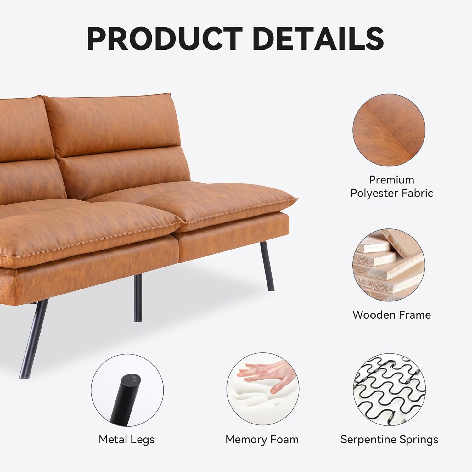 Sofá cama tipo futón convertible, sofá biplaza de espuma viscoelástica de piel sintética marrón, pequeño sofá europeo para espacios de vida
