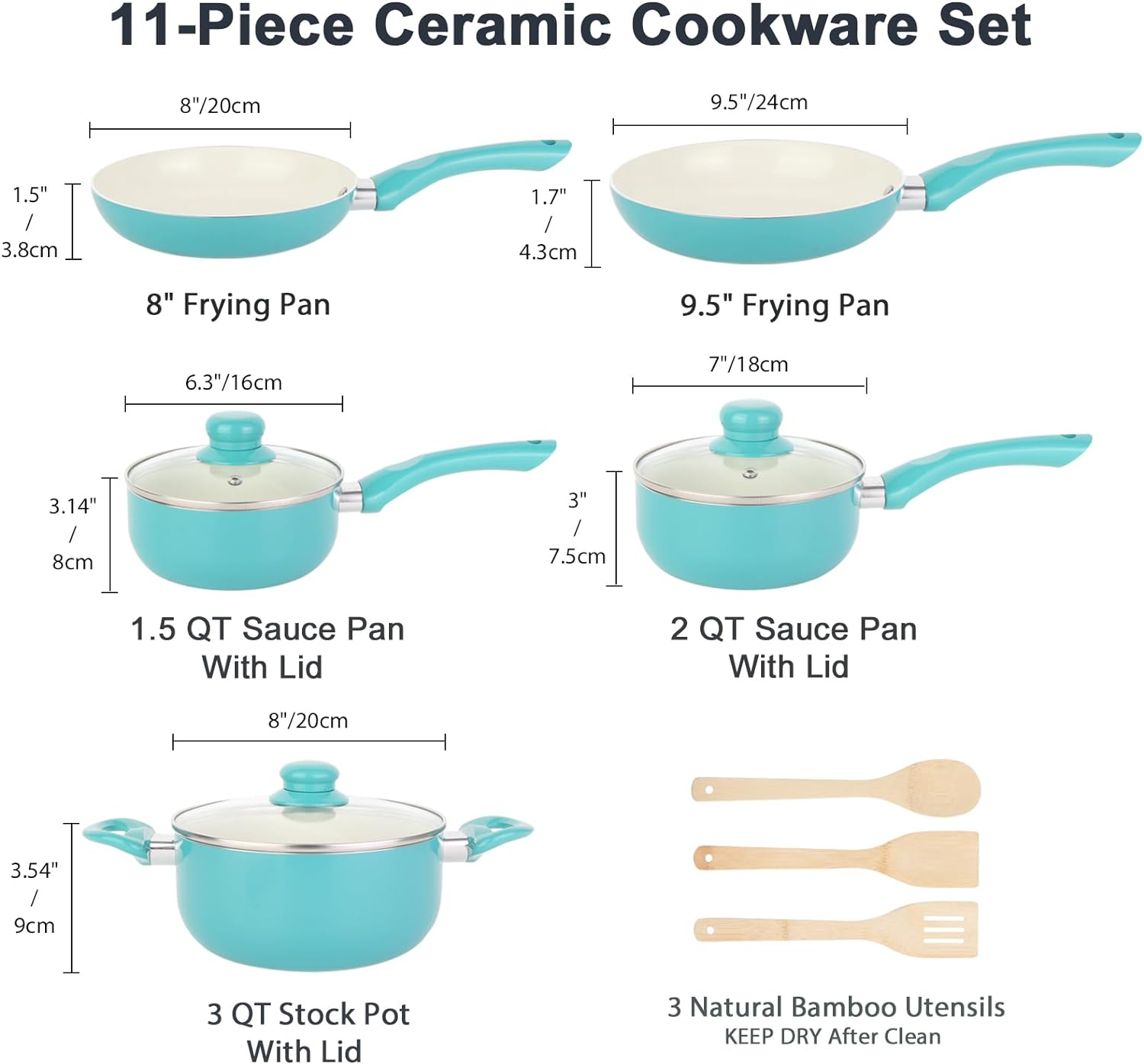 M MELENTA Juego de ollas y sartenes antiadherentes, 11 piezas de utensilios de cocina de inducción, juego de cocina antiadherente de cerámica, mango