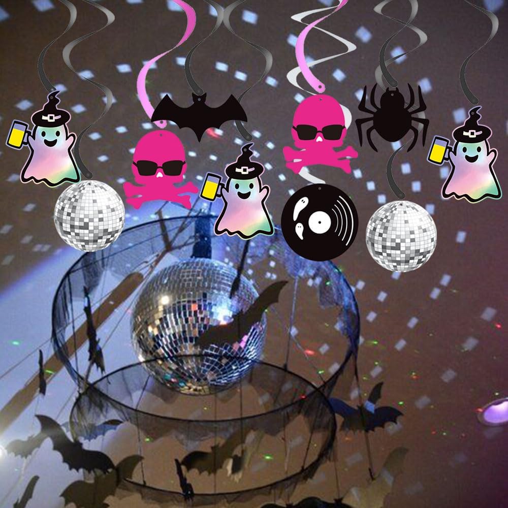 20 espirales colgantes de Halloween Death By Disco, Lets Go Ghouls, decoración colgante de despedida de soltera, calavera rosa intenso, serpentinas