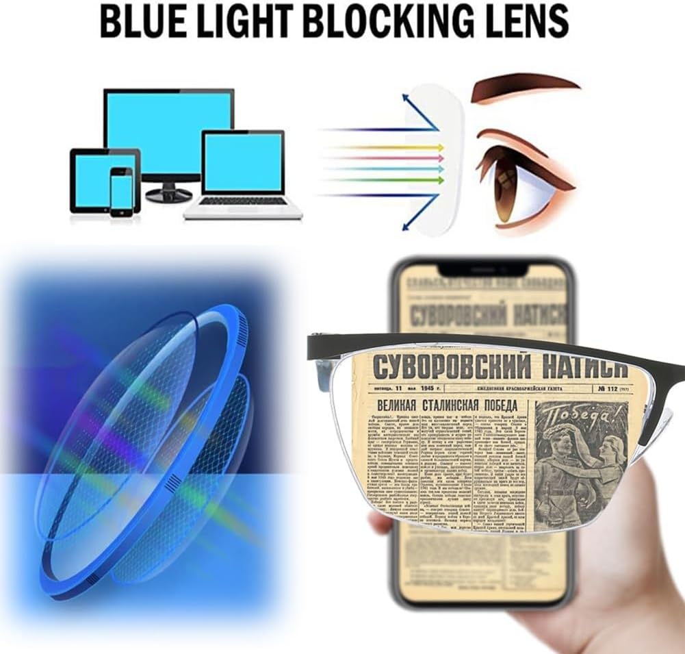 Gafas de lectura multifocales progresivas para hombres y mujeres, lector de medio marco de metal con luz azul con bisagra de resorte