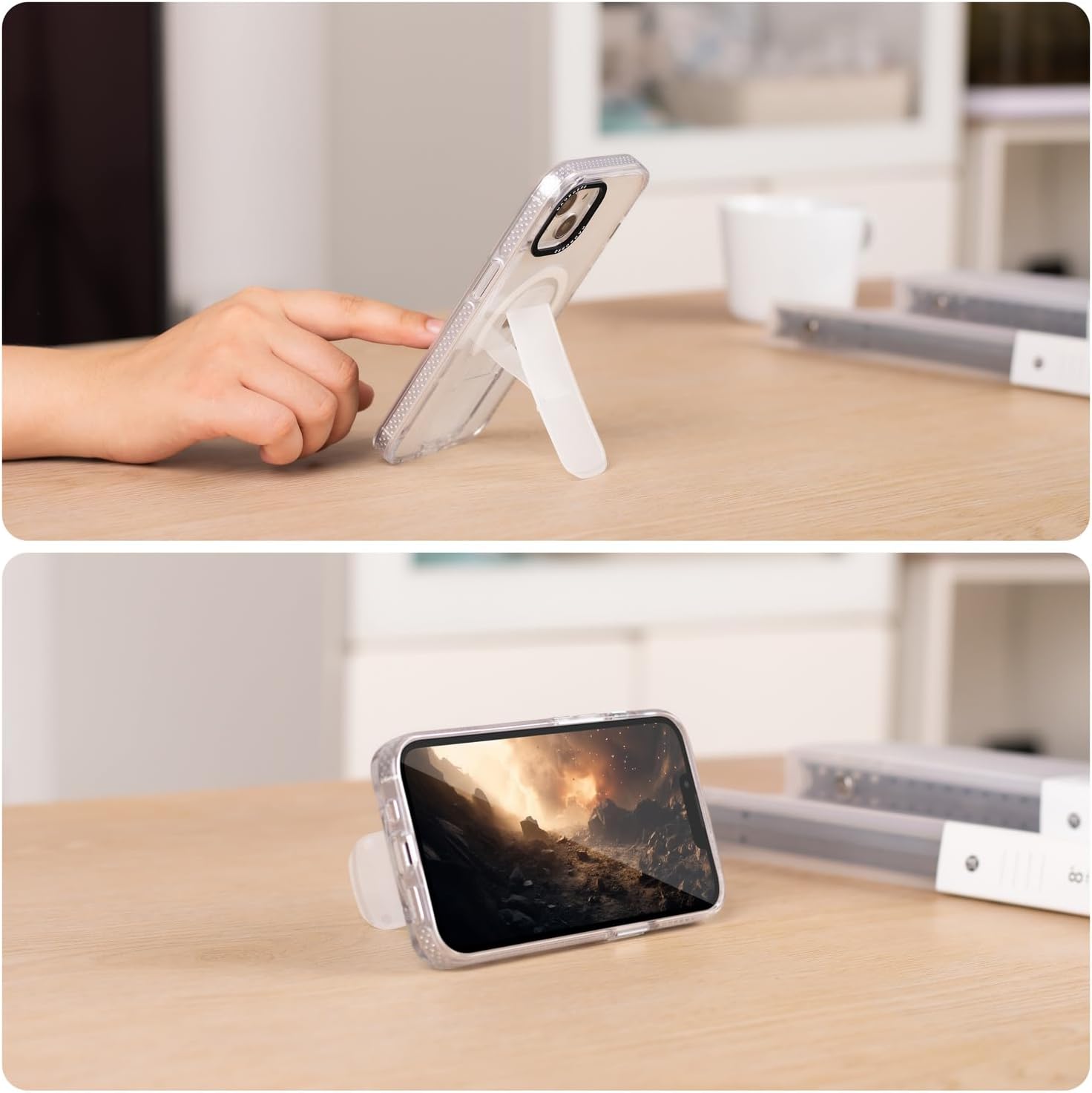 Funda diseñada para iPhone 15 con soporte, compatible con MagSafe, parte trasera de policarbonato transparente antiarañazos + parachoques de TPU a