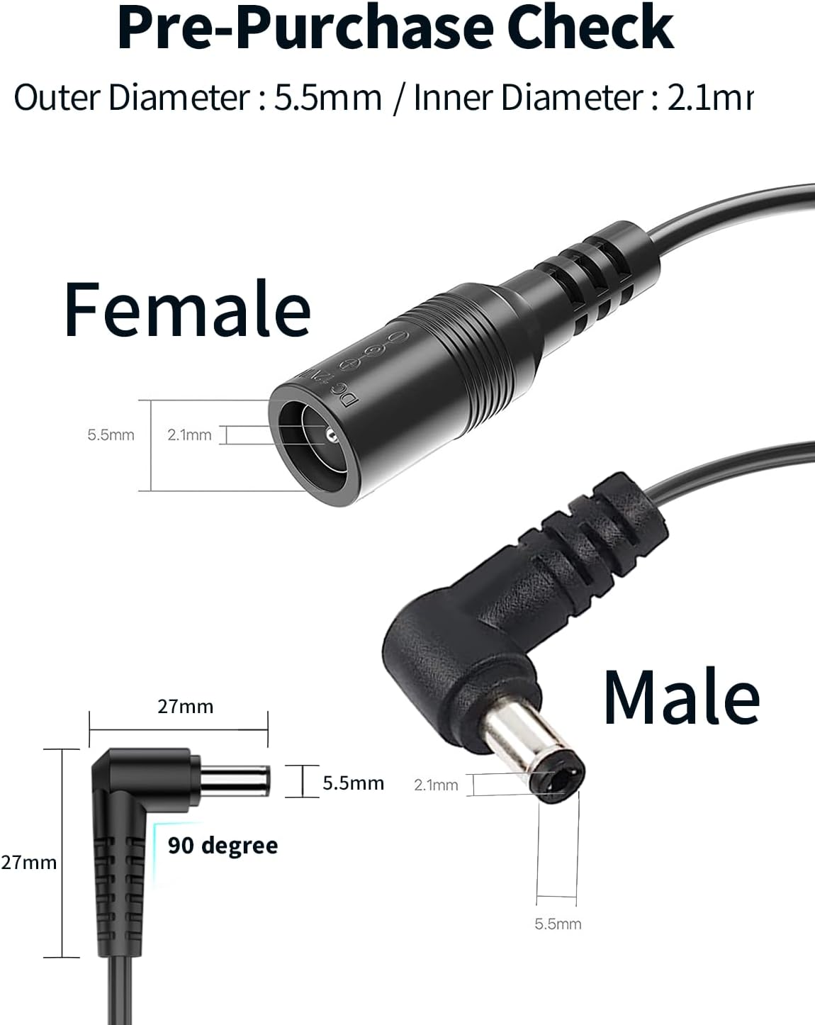 Tonton Paquete de 2 cables de extensión de alimentación de CC de 13.1 ft, 13.12 pies, 0.217 in x 0.083 in, 5521 90 grados, ángulo recto, hembra a