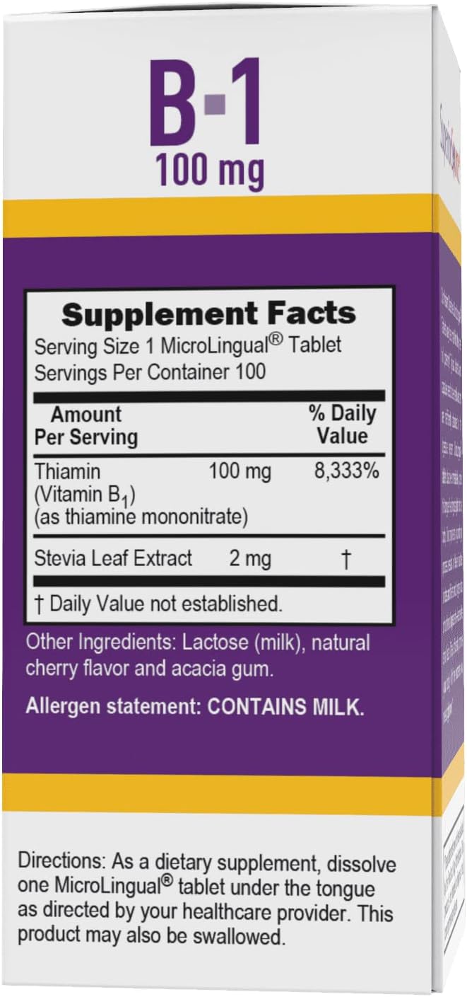 Vitamina B1 (tiamina), 100 mg, tabletas sublinguales de disolución rápida debajo de la lengua, 100 unidades, aumento del metabolismo y producción de