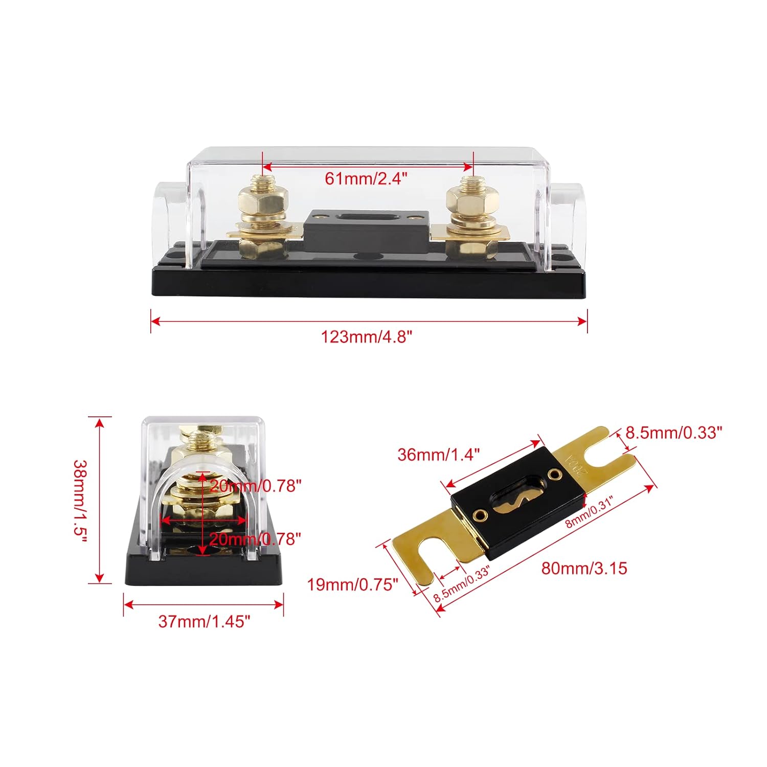 Portafusibles ANL de 200 amperios, fusible ANL con portafusibles transparente para audio de coche (2 fusibles de 200 A)