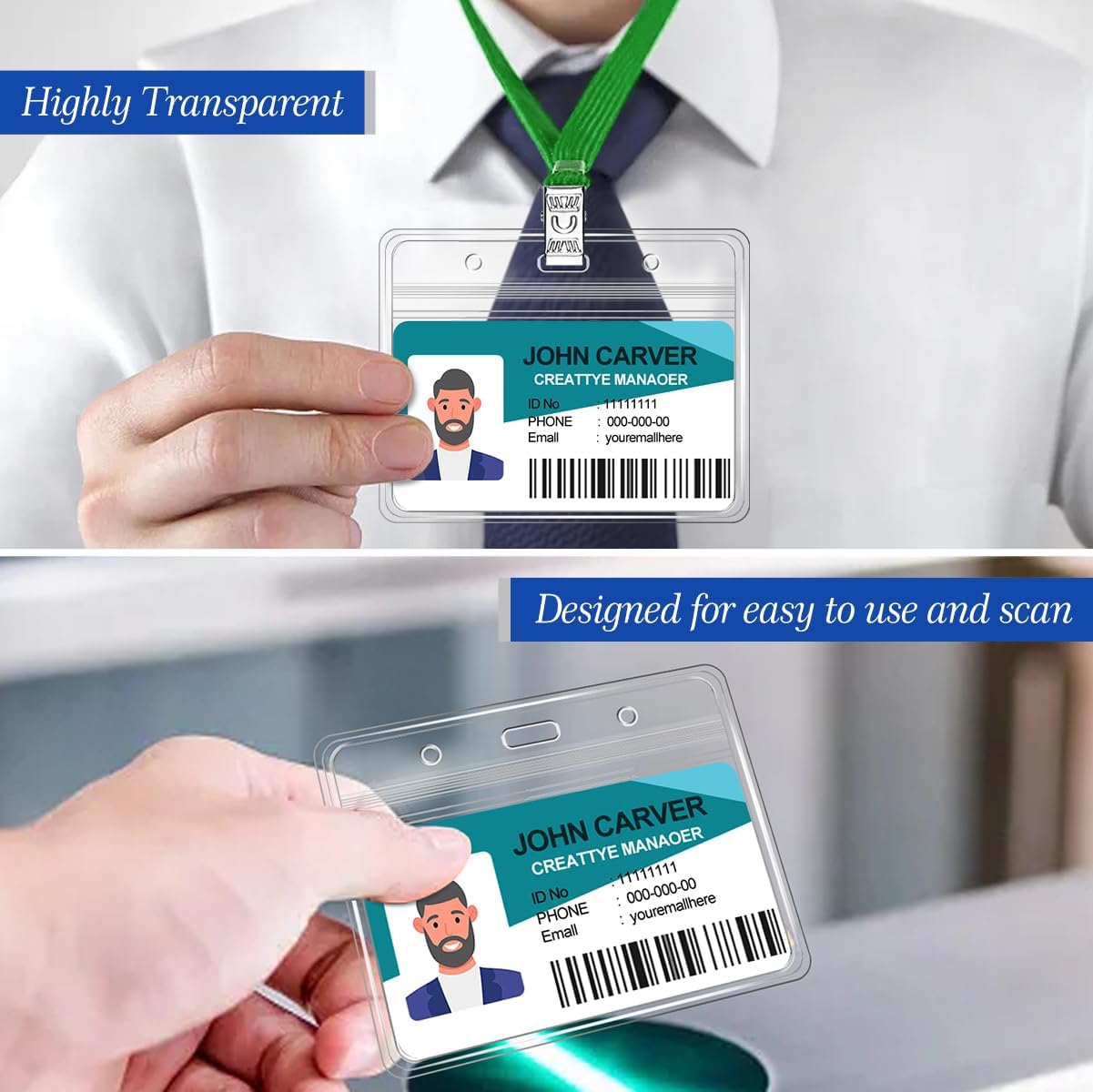 Tarjeta de identificación horizontal transparente y cordón, cordones reutilizables para soporte de tarjeta de identificación, soporte para placa de
