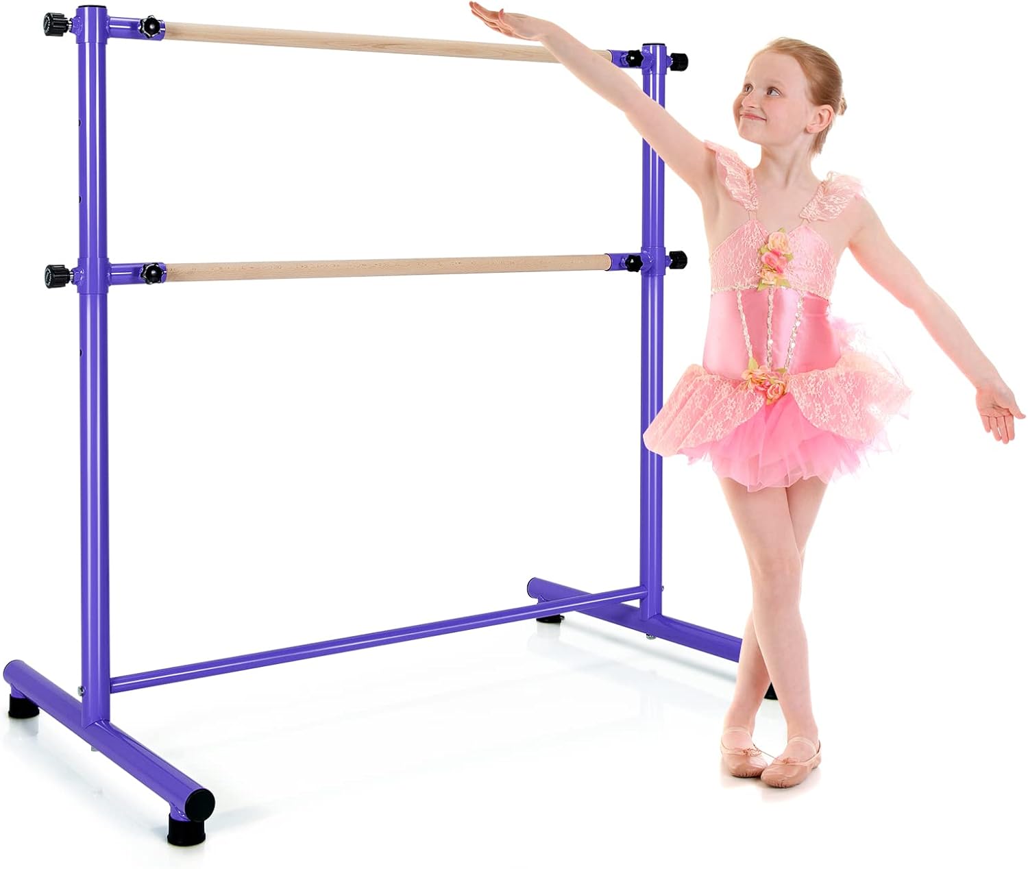 Costzon Barra de ballet portátil, barra de madera doble ajustable de 4 pies de altura, barra de baile independiente para estudio en casa, escuela,
