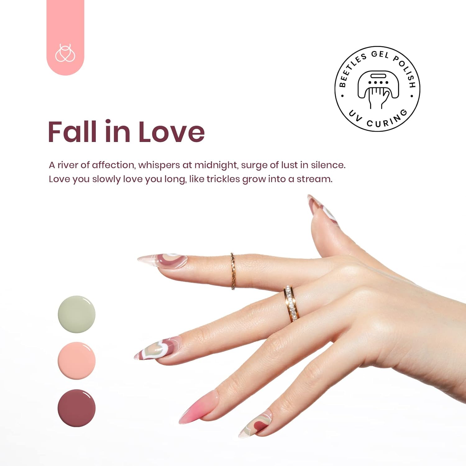Beetles – Kit de esmaltes en gel para LED y quitar por remojo, 6 colores de la colección Fall in Love, nude, rosado, morado y verde claro manicura