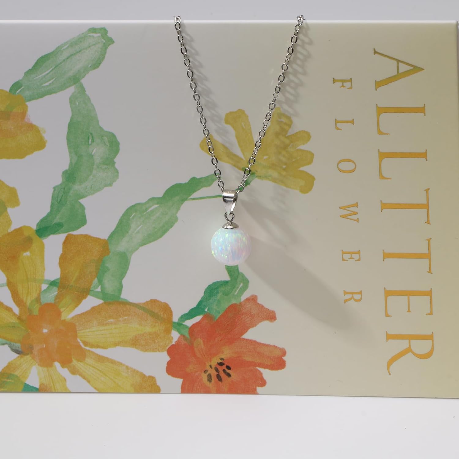 Sterling Silver Opal Necklace for Women Dainty 10mm Round White Opal Necklaces Handmade Opal Jewelry for Women