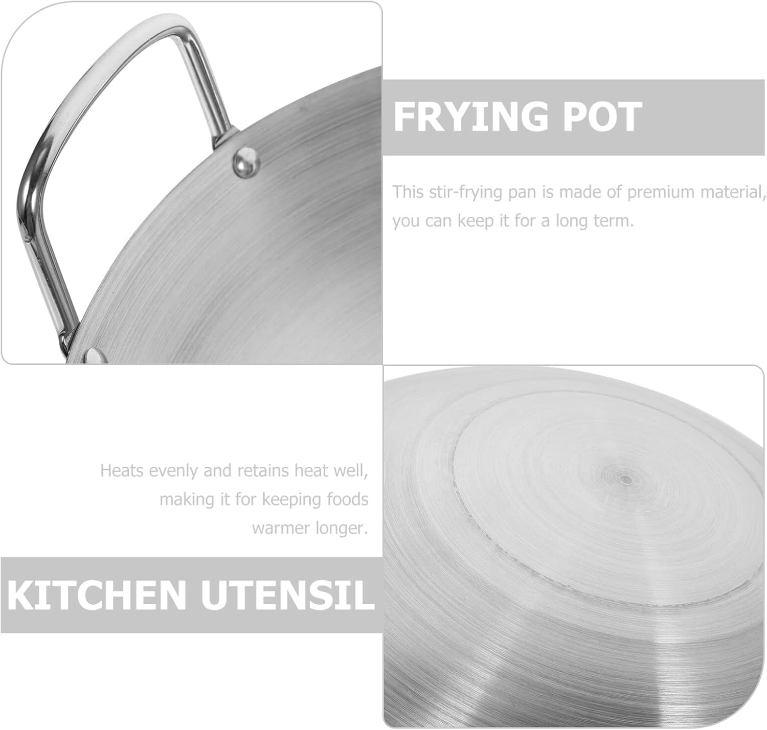 Luxshiny Sartén de acero inoxidable para wok, sartén de 10.2 in, estilo tradicional, utensilios de cocina antiadherentes con doble asa para