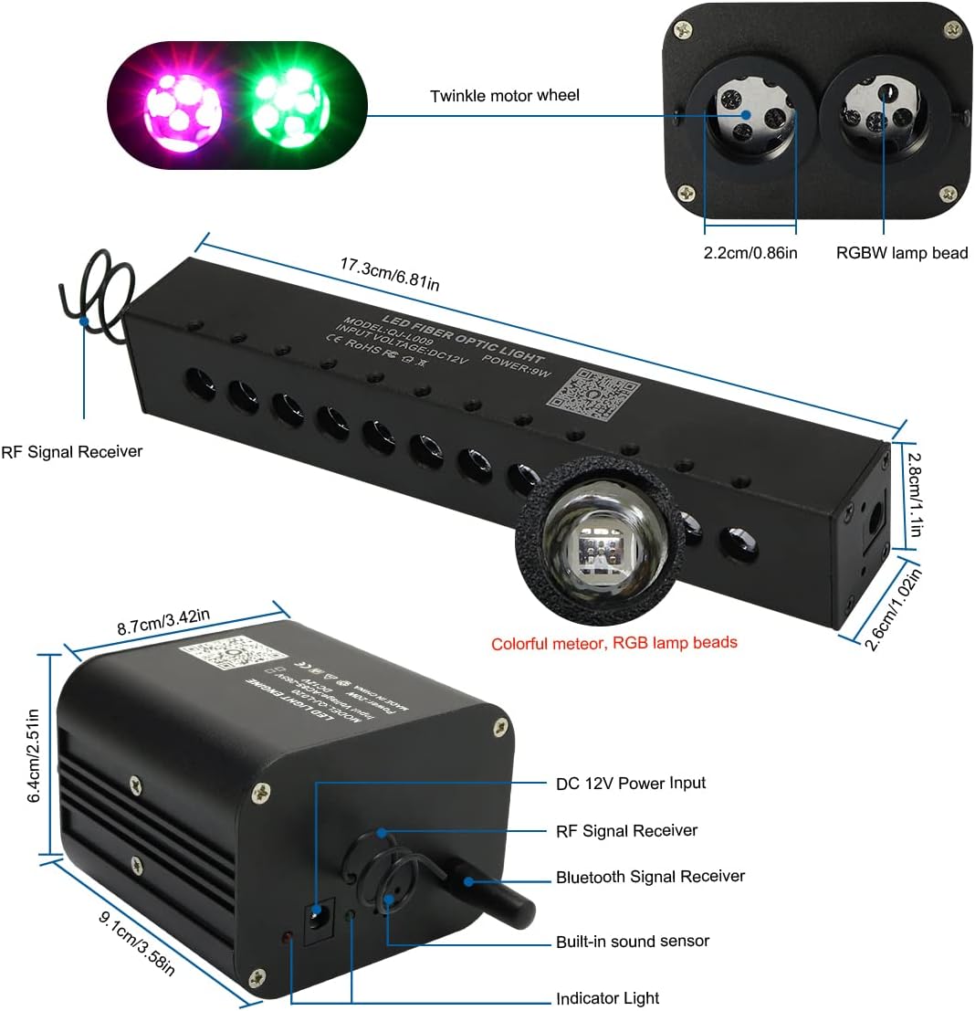 AKEPO 20W RGBW Twinkle Dual-Head Diferentes Color APP Luces de fibra óptica, kit de luz de meteorito colorido+900pcs 0.03in 9.8ft Fibra óptica Star