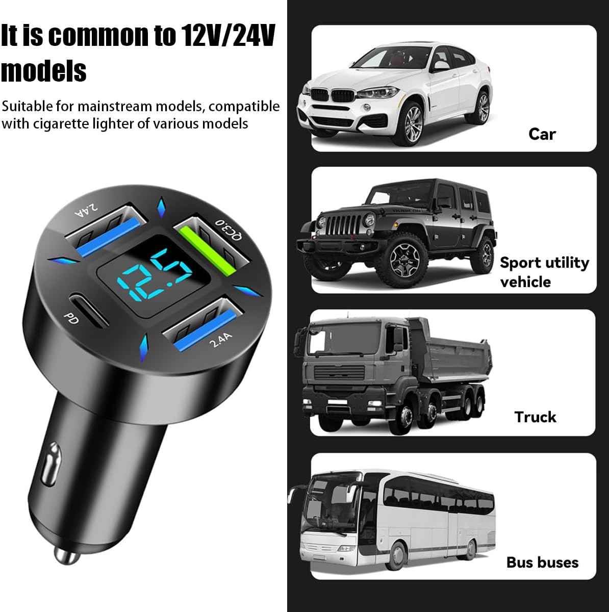 Cargador de coche USB de 4 puertos, carga súper rápida de 66 W con QC 3.0, PD 20 W y adaptador de cargador USB 2.4A, carga rápida con voltímetro