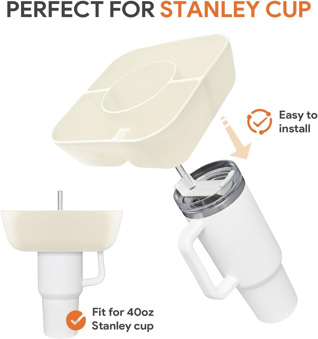 Bandeja de aperitivos con tapa para accesorios de taza Stanley, cuenco reutilizable para aperitivos Stanley de 40 onzas con asa, soporte de silicona