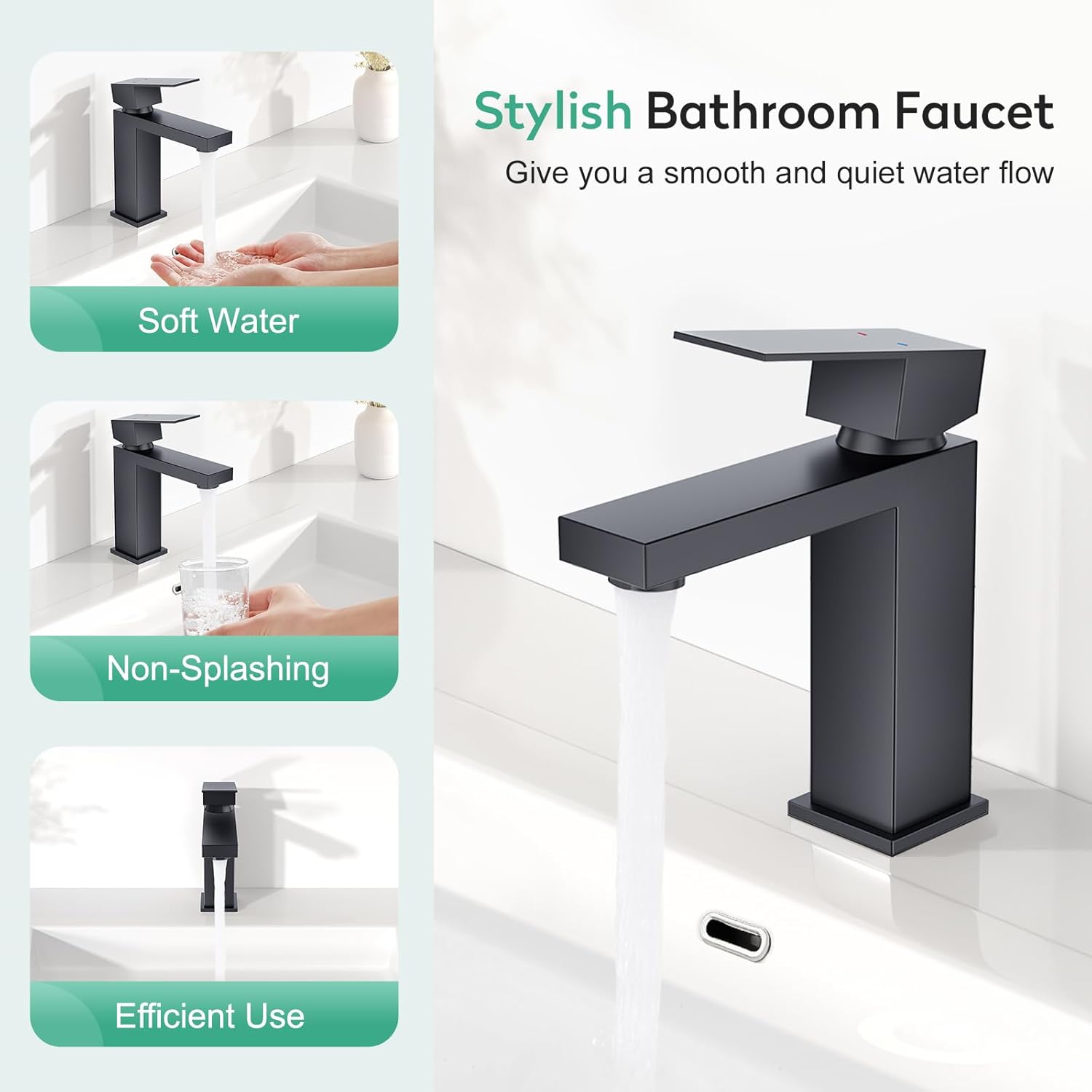Faustina Grifo de baño negro de 1 agujero, grifo de baño de un solo orificio con ensamblaje de drenaje desplegable, grifo de tocador central, grifo