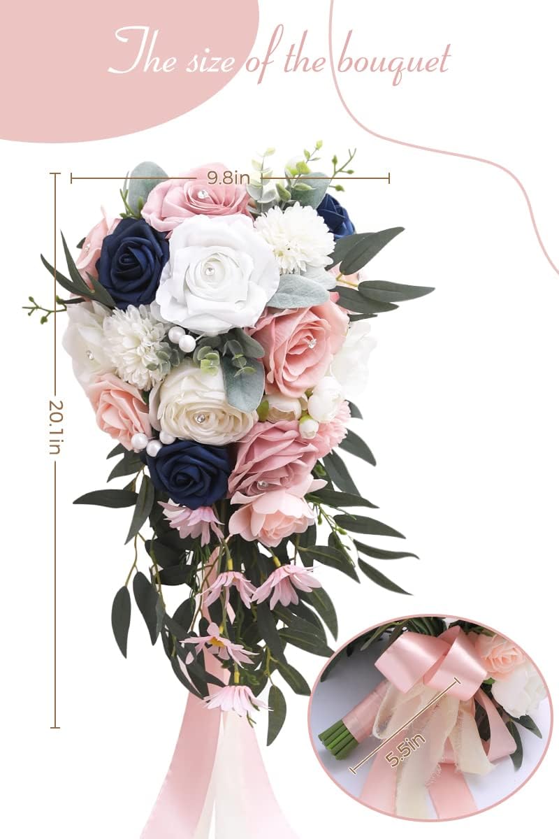 Serwalin Ramos de flores artificiales de 9.8 pulgadas y ramillete de muñeca para novia, ramo de novia para ceremonia de boda, aniversario,