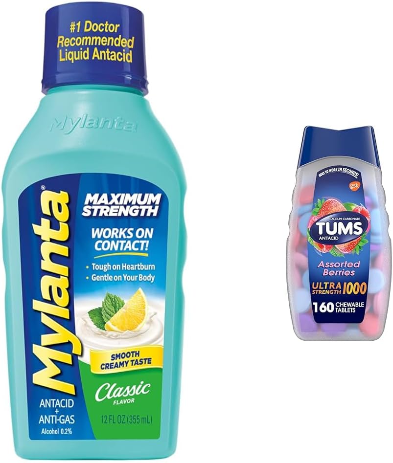 Mylanta Antiácidos y alivio de gases, fórmula de máxima fuerza, sabor clásico, 12 onzas líquidas y tabletas antiácidas masticables TUMS Ultra
