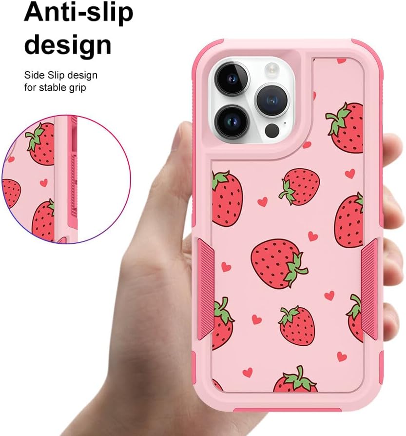 MZELQ Funda compatible con iPhone 15 Pro con bonito diseño de fresas, a prueba de golpes, bonita funda antideslizante compatible con niñas y mujeres