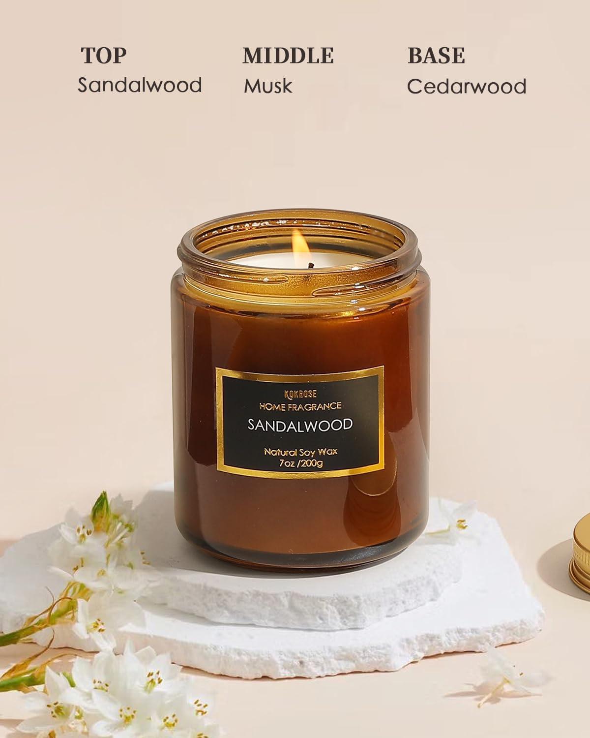 Vela de sándalo en tarro marrón de aromaterapia, cera de soja 100% natural, bonita vela para aliviar el estrés para mujeres, vela de sándalo para