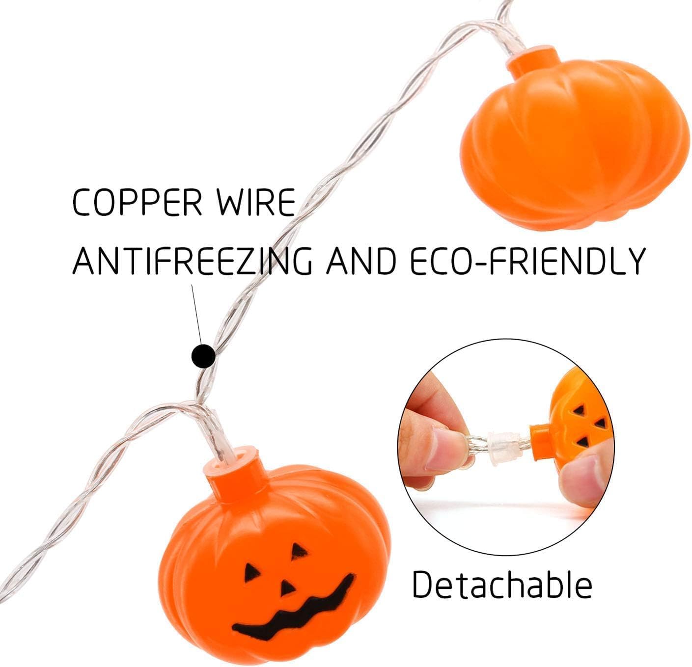 Guirnalda de luces de calabaza de Halloween, 17 pies, alimentadas por energía solar, 40 luces LED, luces Jack O Lantern, impermeables, decoraciones
