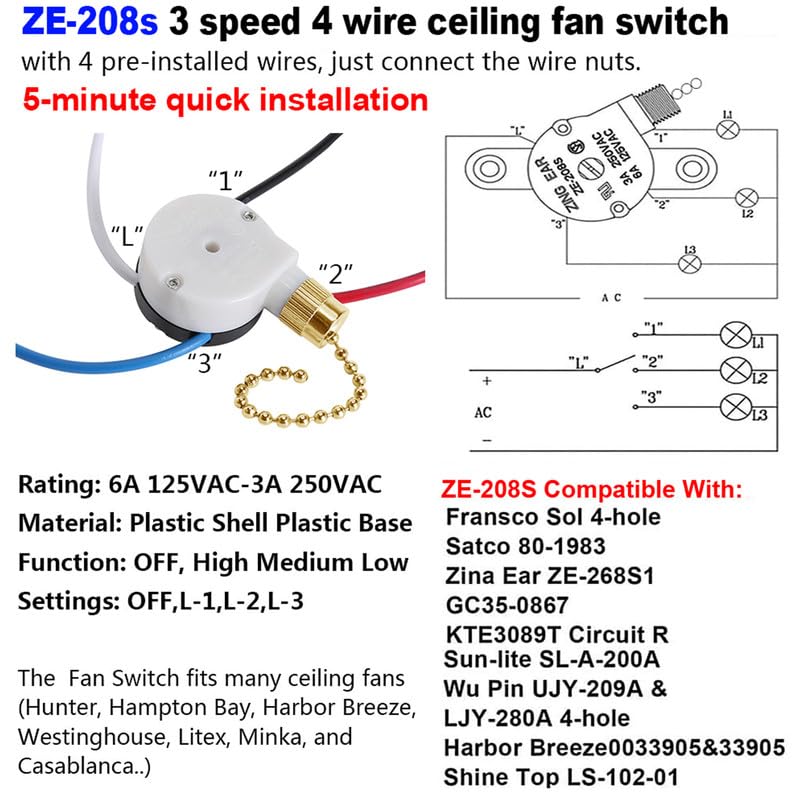 ZE-208S – Interruptor de cadena para ventilador de techo, ZE-208S 3 velocidades 4 cables interruptor de luz de ventilador con 4 cables