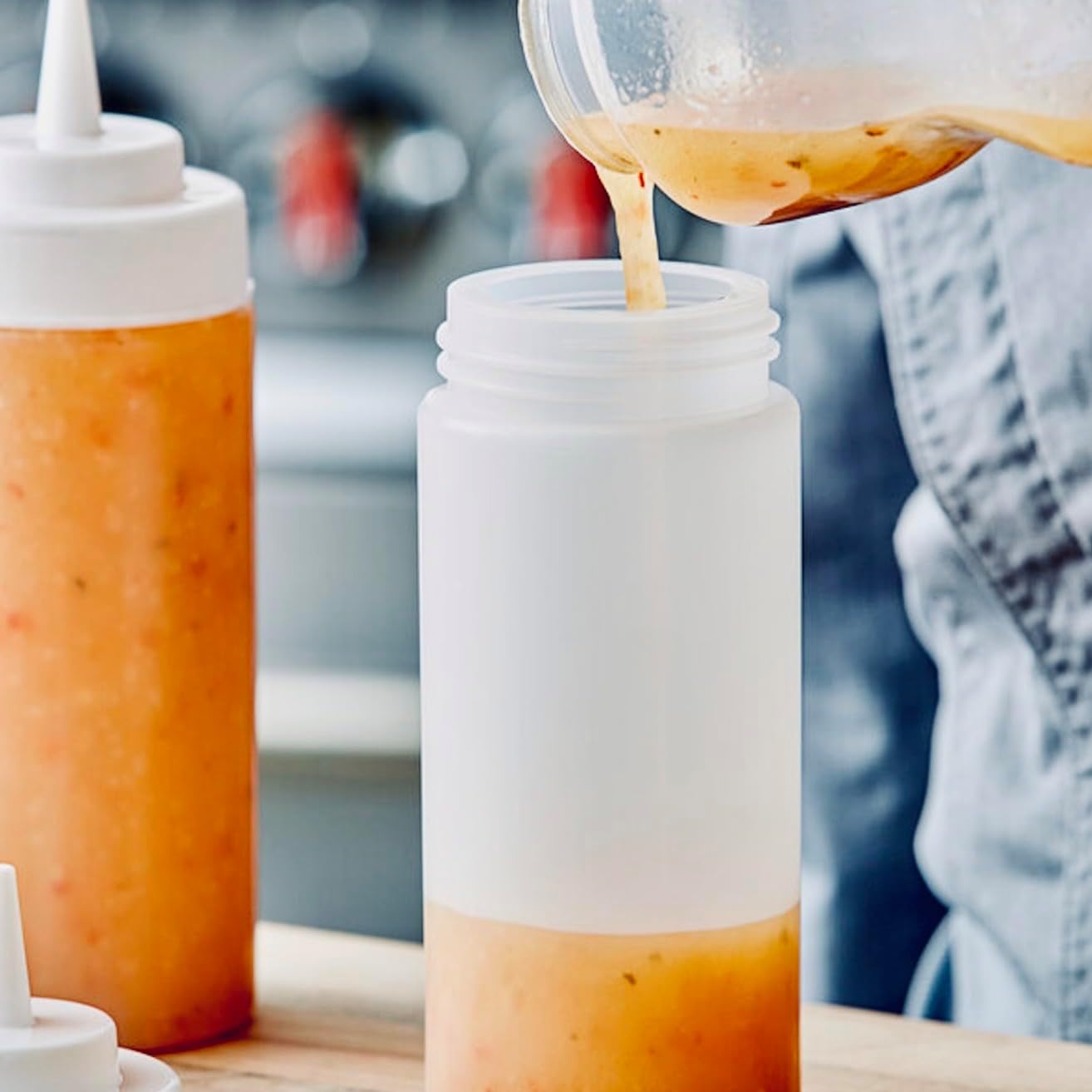 Tezzorio – Botellas de plástico transparente de boca ancha de 16 onzas (paquete de 6)  dispensadores convenientes y versátiles sin derrames,