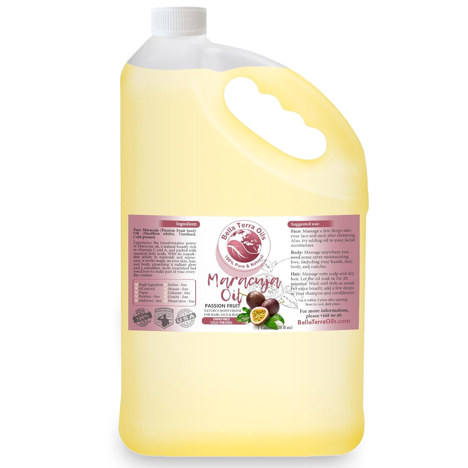Bella Terra Oils Aceite de maracuja (maracuyá), 1 galón, nutritivo, ligero, estimulante del resplandor, para la piel y el cabello