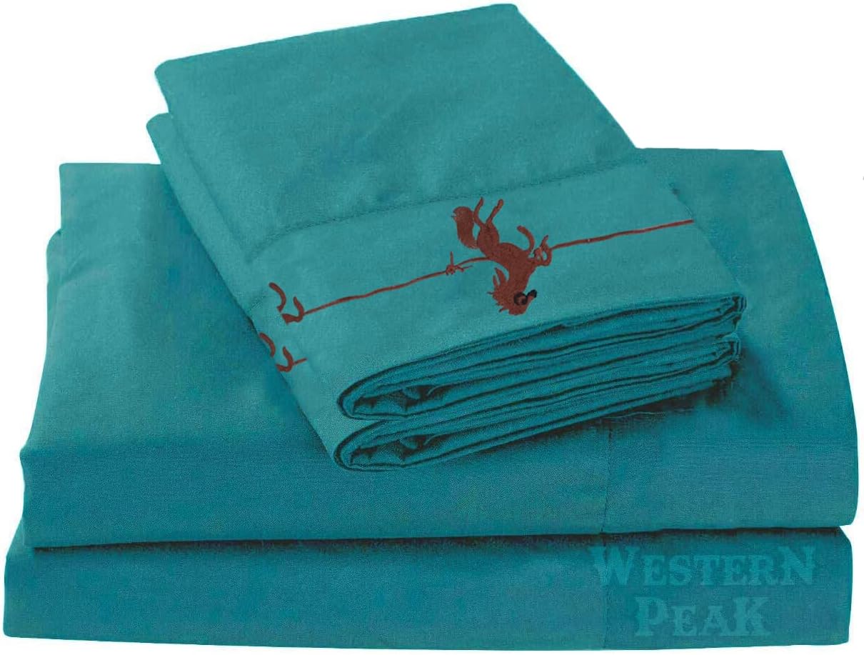 Juego de sábanas de poliéster occidental, 4 piezas, funda de almohada bordada de caballo (verde azulado, Queen)