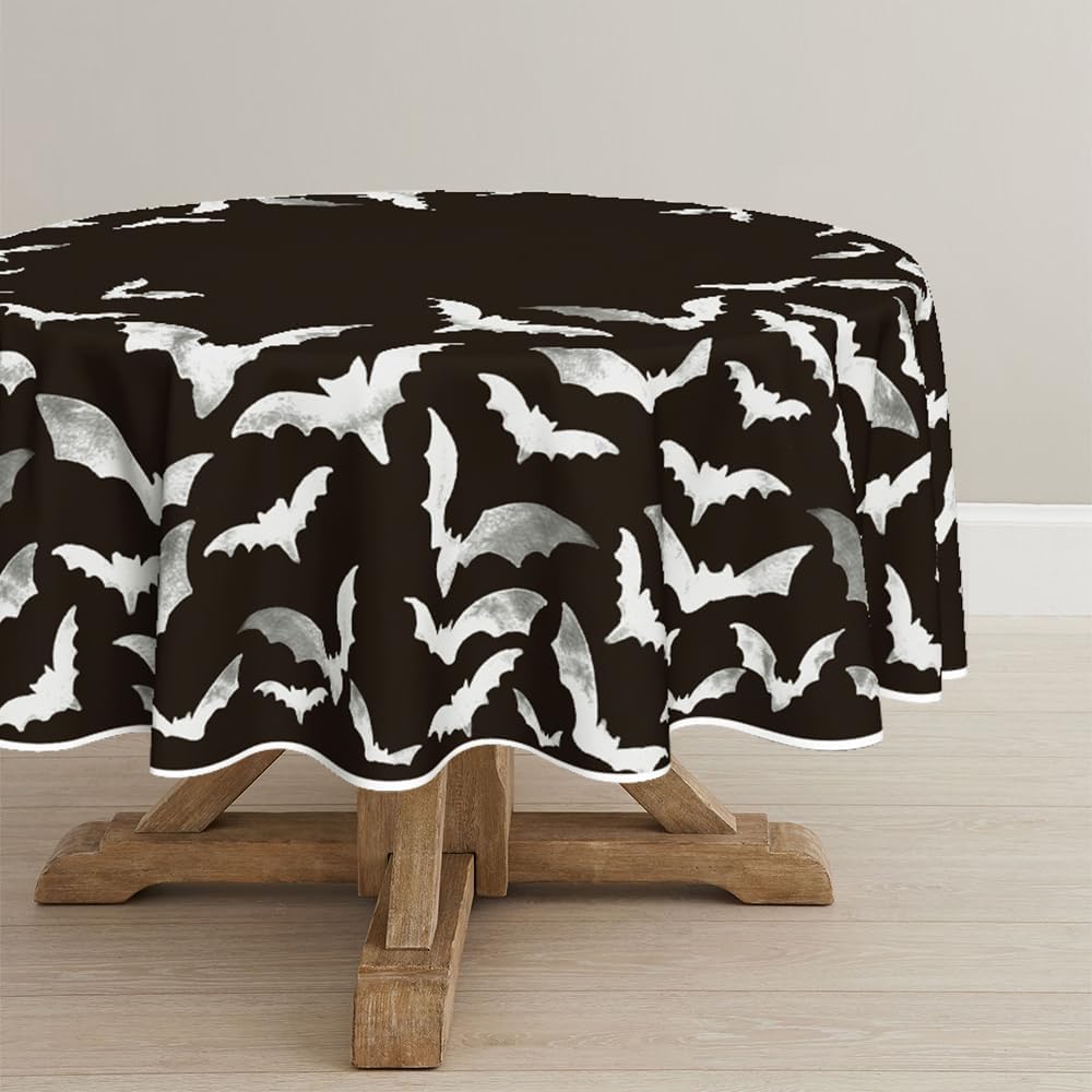Horaldaily Mantel redondo de Halloween de 70 x 70 pulgadas, diseño de murciélagos negros, lavable, para decoración de fiestas, pícnic, cenas