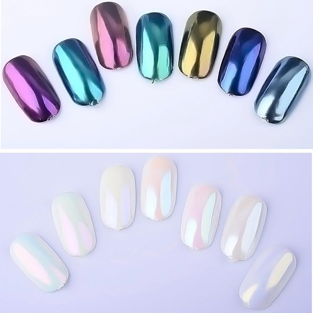 Brillo de uñas en polvo cromado perlado, polvo iridiscente blanco aurora cromo frotar polvo neón sirena espejo pigmento arco iris holográfico