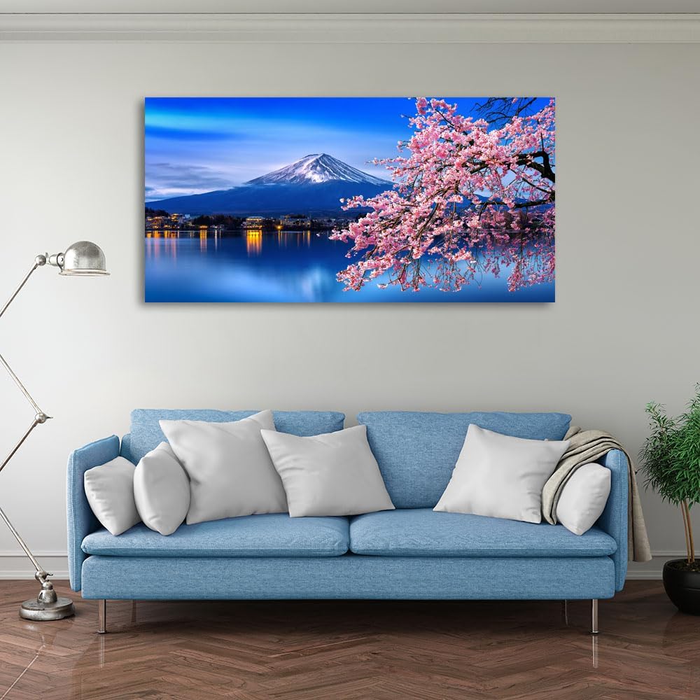 Aibonnly Lienzo decorativo para pared, diseño de cerezos en flor de monte Fuji, 1 pieza, póster enmarcado y estirado listo para colgar para sala de